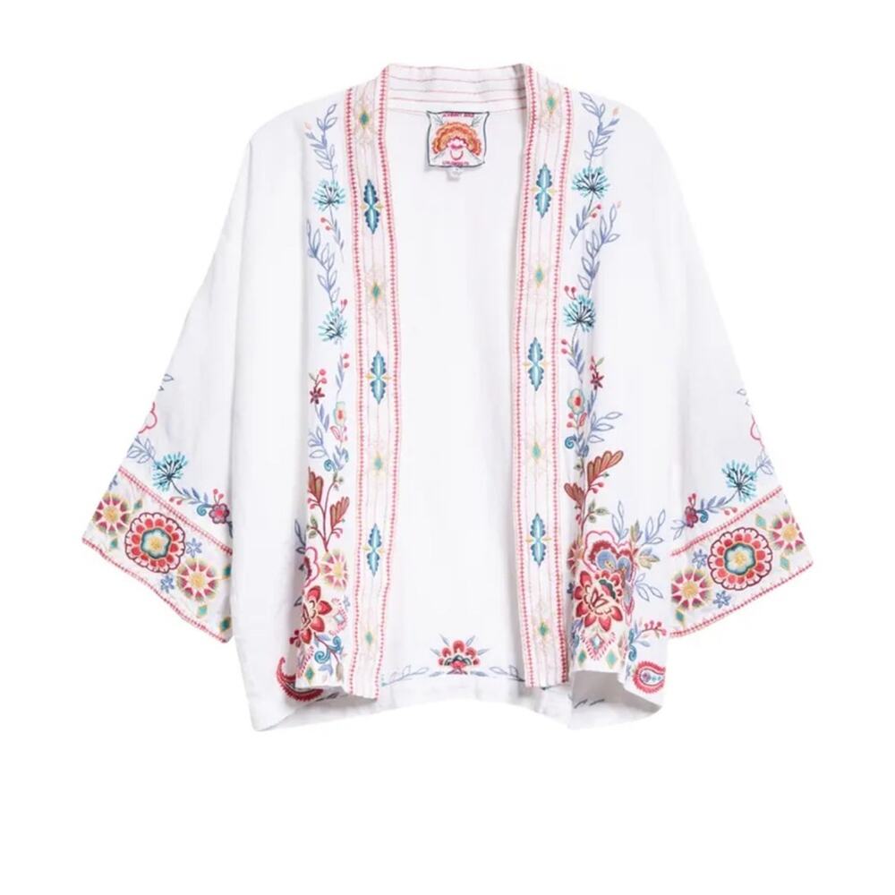 NEW - JOHNNY WAS Sicilia Embroidered Border Linen Jacket size OS short kimono